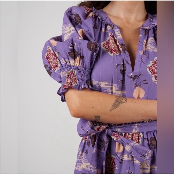 NWOT Ulla Johnson Dasha Popelin Ruffle Tier Purple Zinnia Floral Midi Dress - Picture 3 of 16